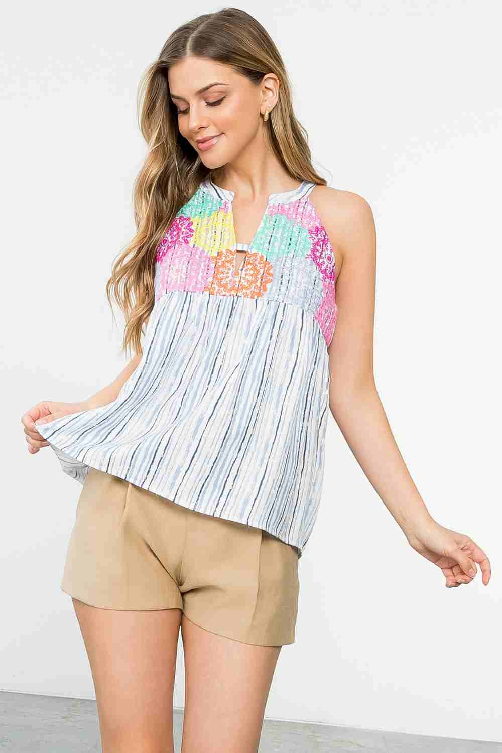 THML Boho Striped Halter Embroidered Top