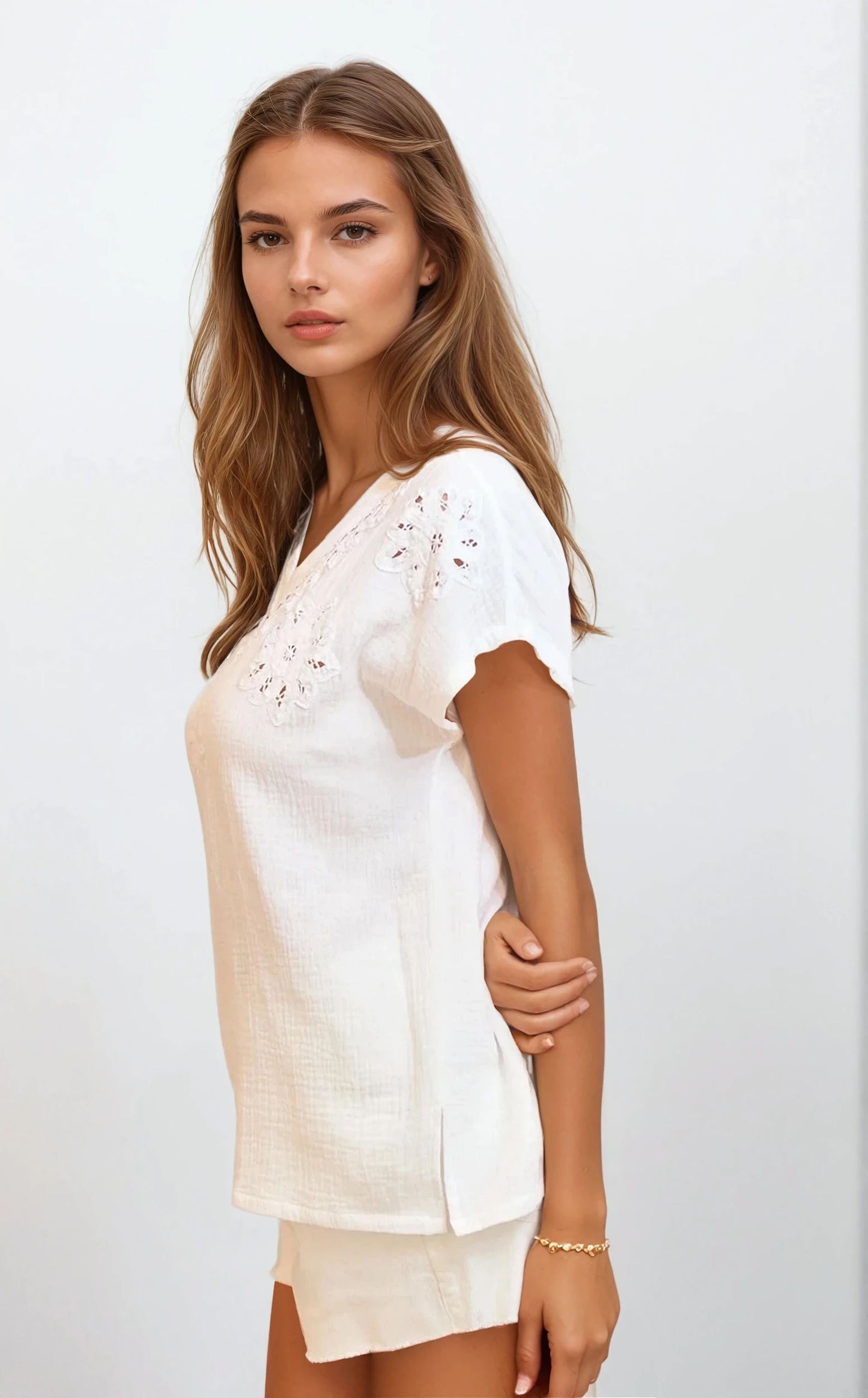 Double Gauze Crochet Trim Tee