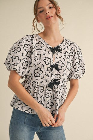Flower Print Peplum Top W/ Bows