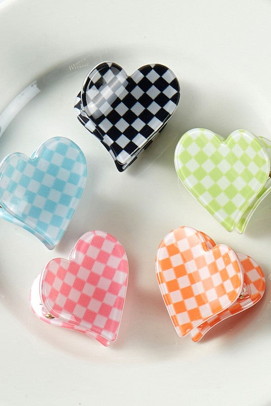 Checkered Heart Claw Hair Clips