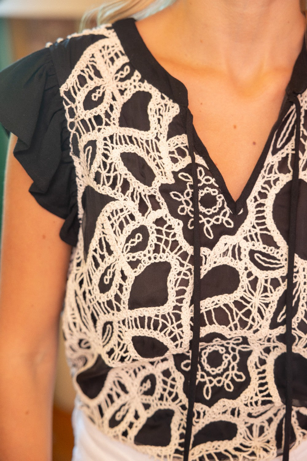 Paisley Embroidered Ruffle Sleeve Top