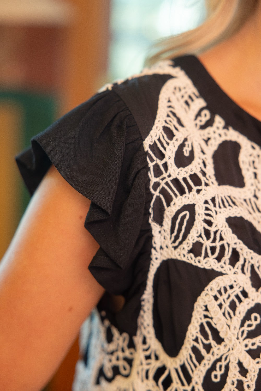 Paisley Embroidered Ruffle Sleeve Top