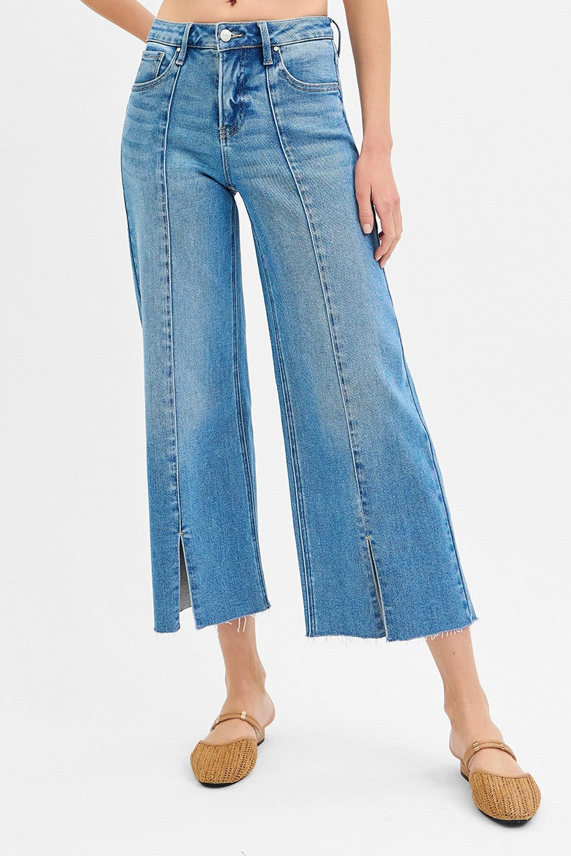 Risen Tummy Control Mid Rise Crop Wide Leg Front Slit Jean