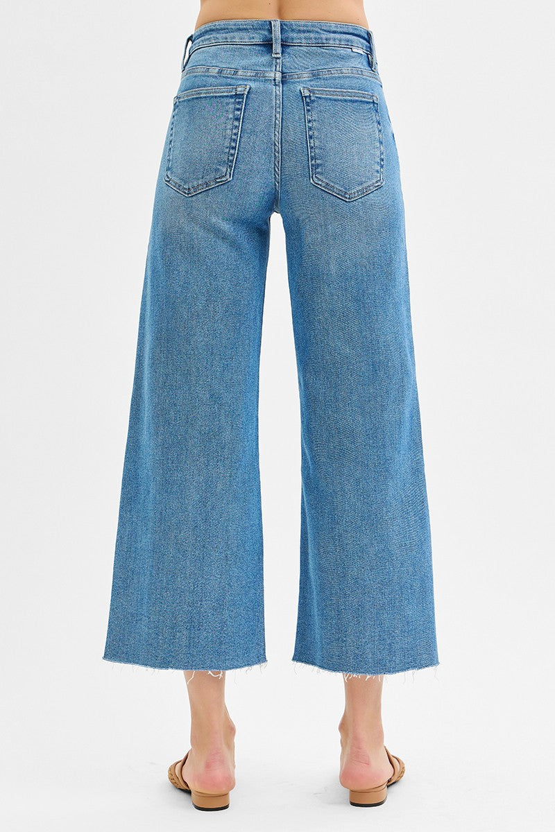 Risen Tummy Control Mid Rise Crop Wide Leg Front Slit Jean