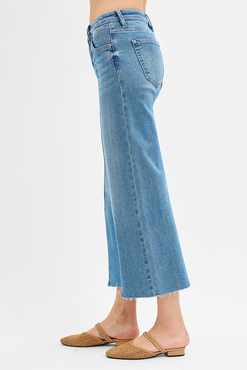 Risen Tummy Control Mid Rise Crop Wide Leg Front Slit Jean