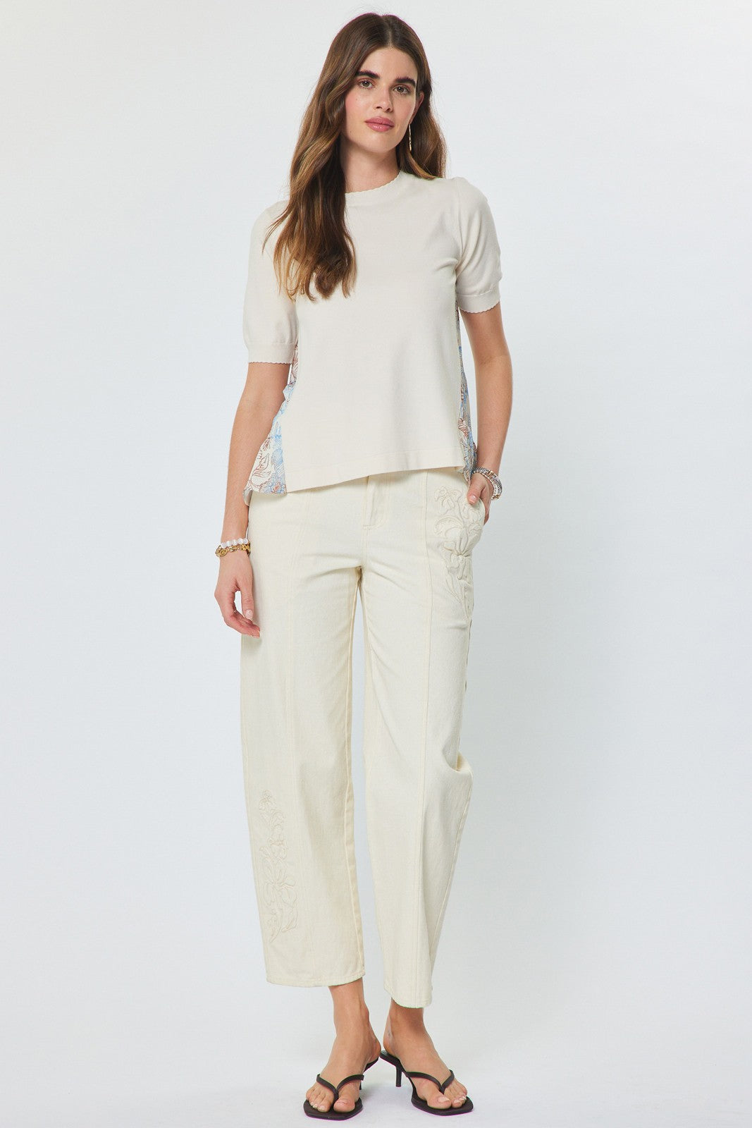 Short Sleeve Knit Top W/ Floral Chiffon Back