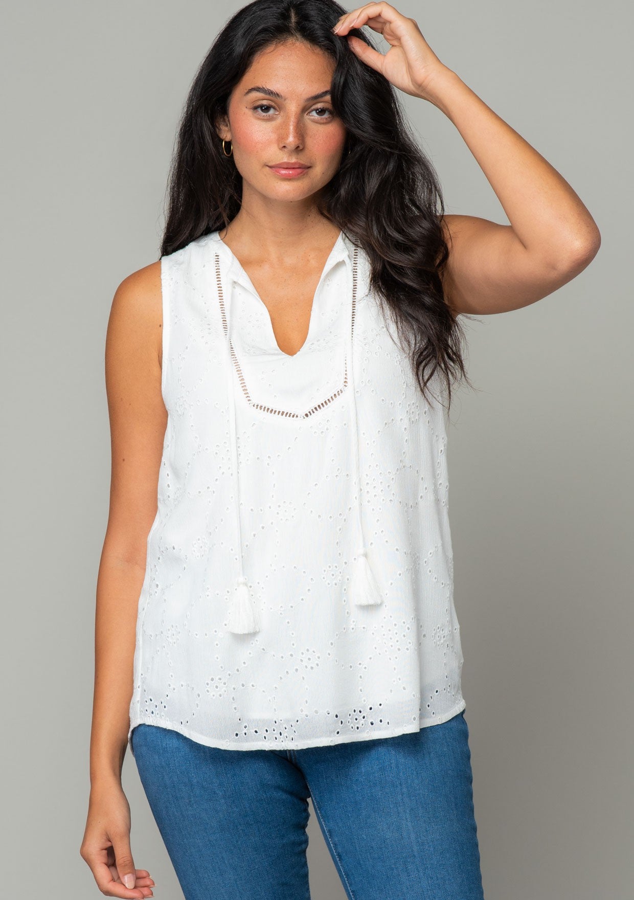 Sleeveless Eyelet Tie Front Top