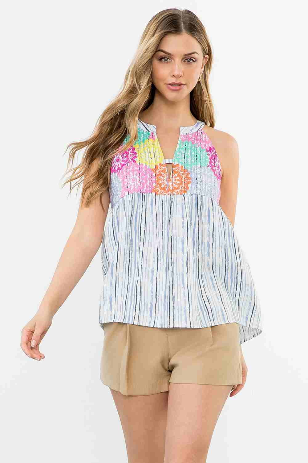 THML Boho Striped Halter Embroidered Top