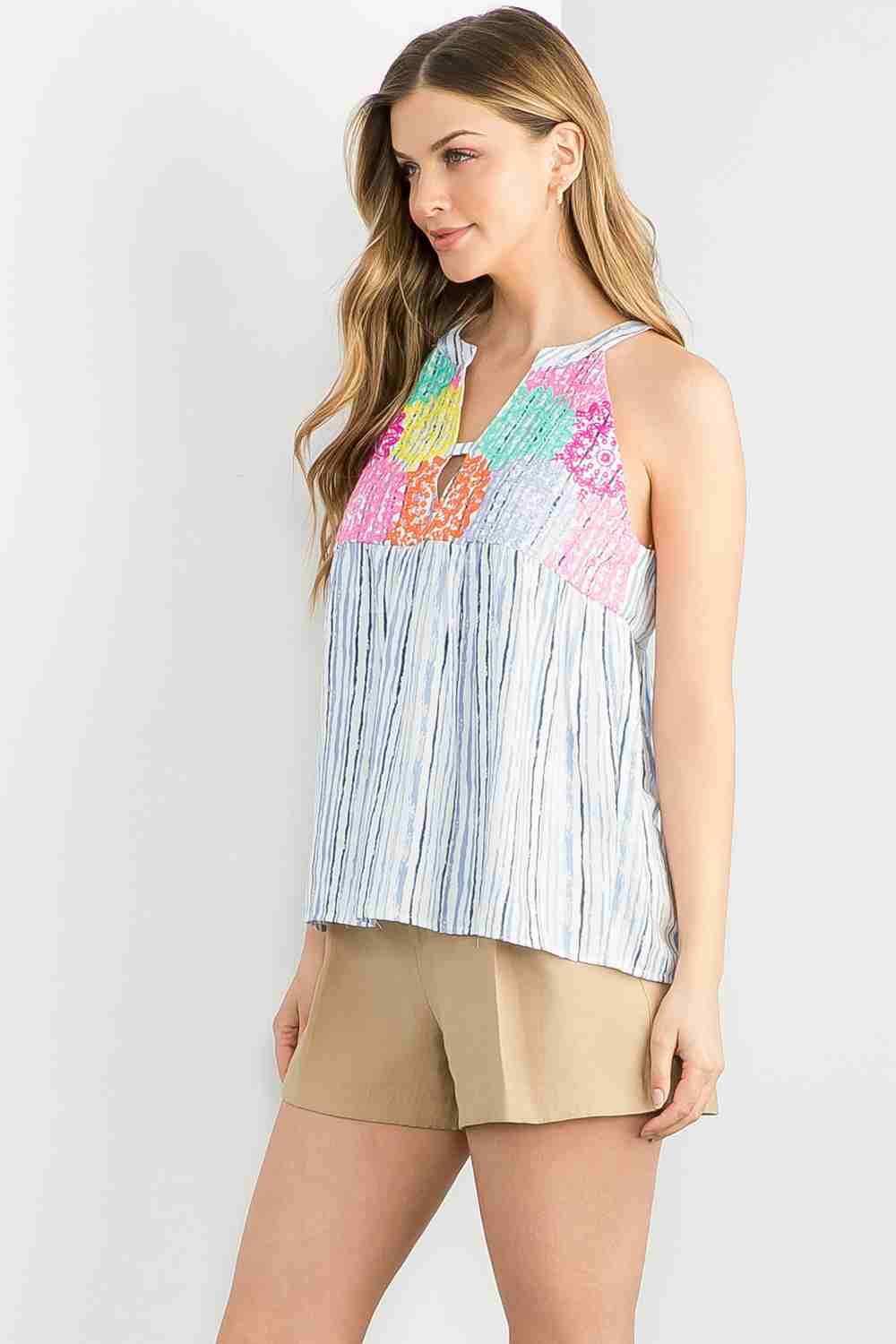 THML Boho Striped Halter Embroidered Top