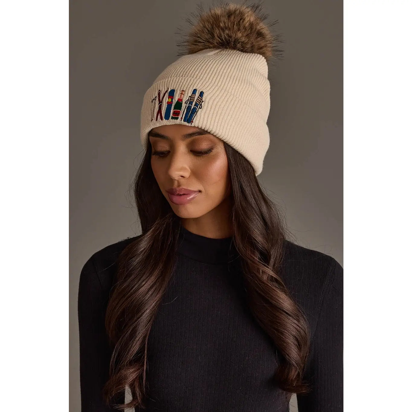 Pinache Ski Embroidered Knit Pom Hat