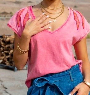 Gold And Silver Beaded Applique Tee