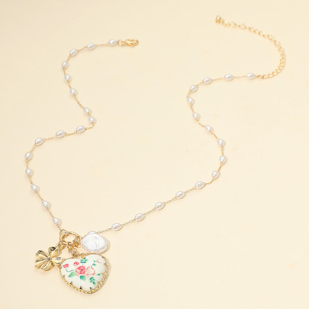 Floral Pearl Detail Heart Pendant Necklace