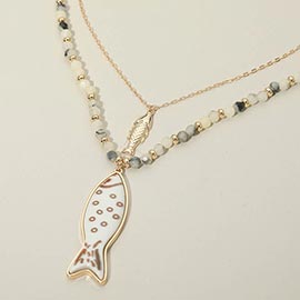 Fish Pendant Accent Beaded Chain Layered