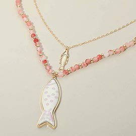 Fish Pendant Accent Beaded Chain Layered