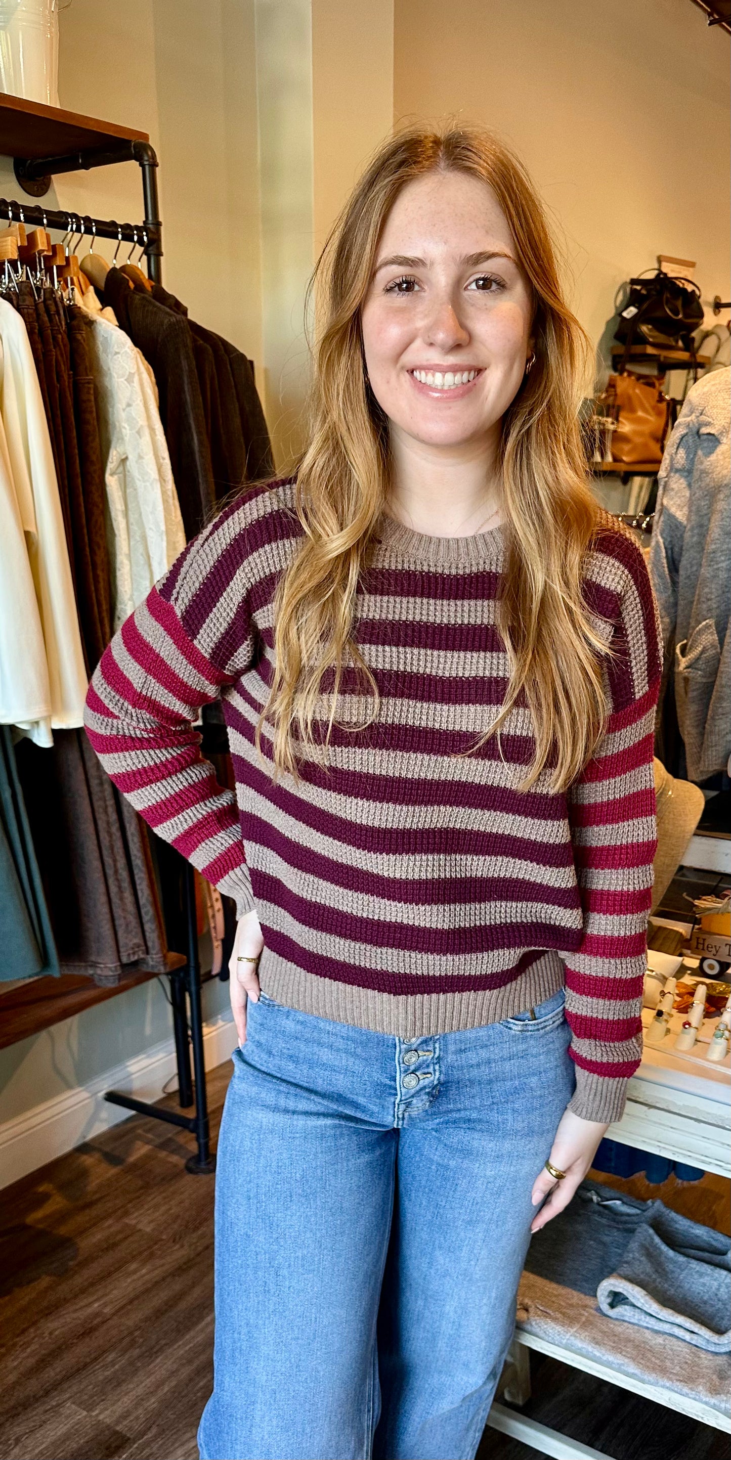Hasson Thermal Multistripe Crew Neck Sweater