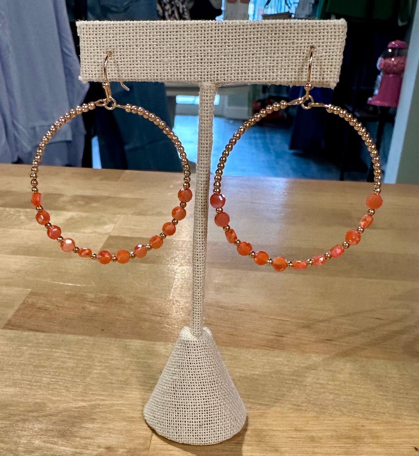 Coral Disc Bead Hoops