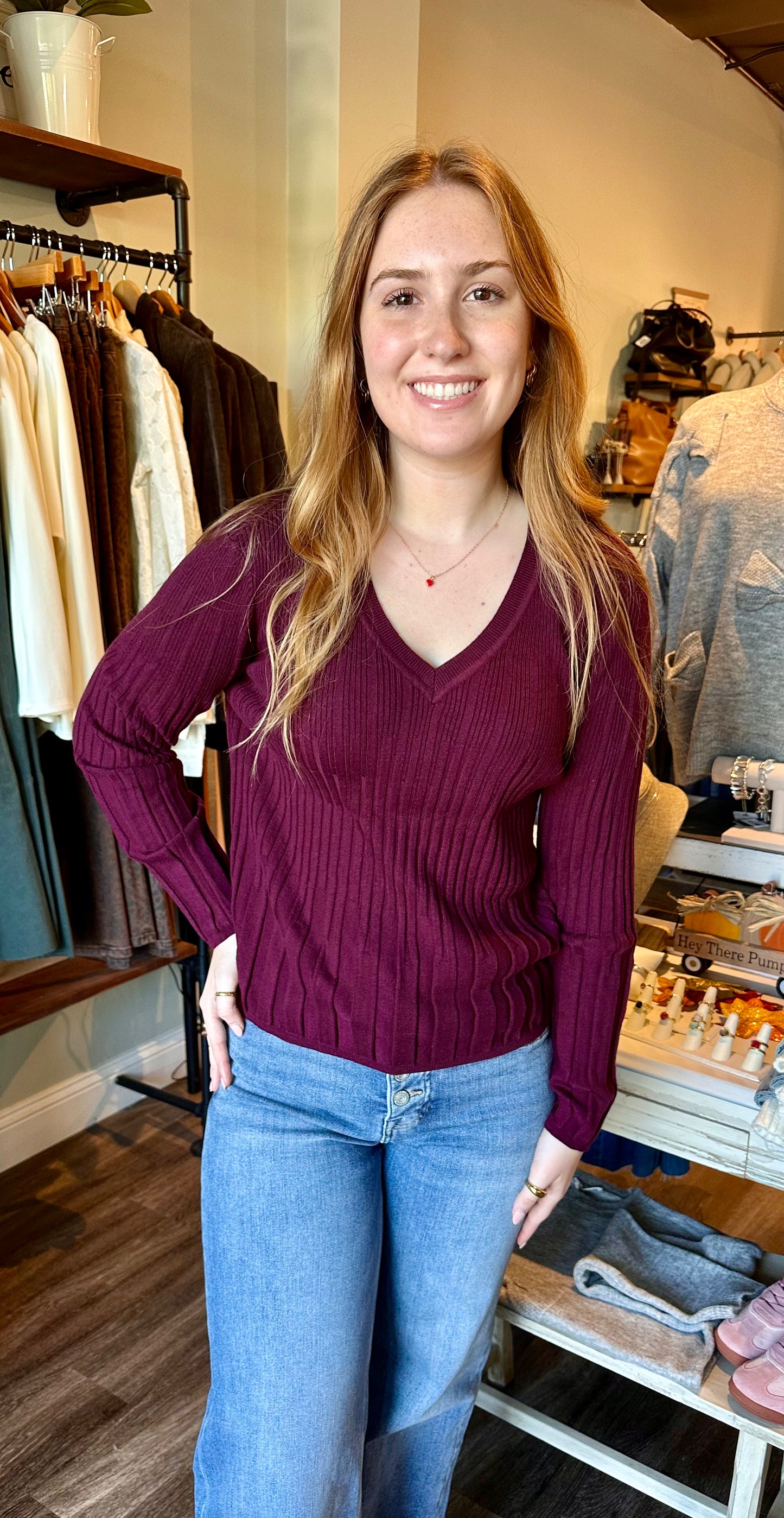 Hasson Variegated Rib V-Neck Sweater