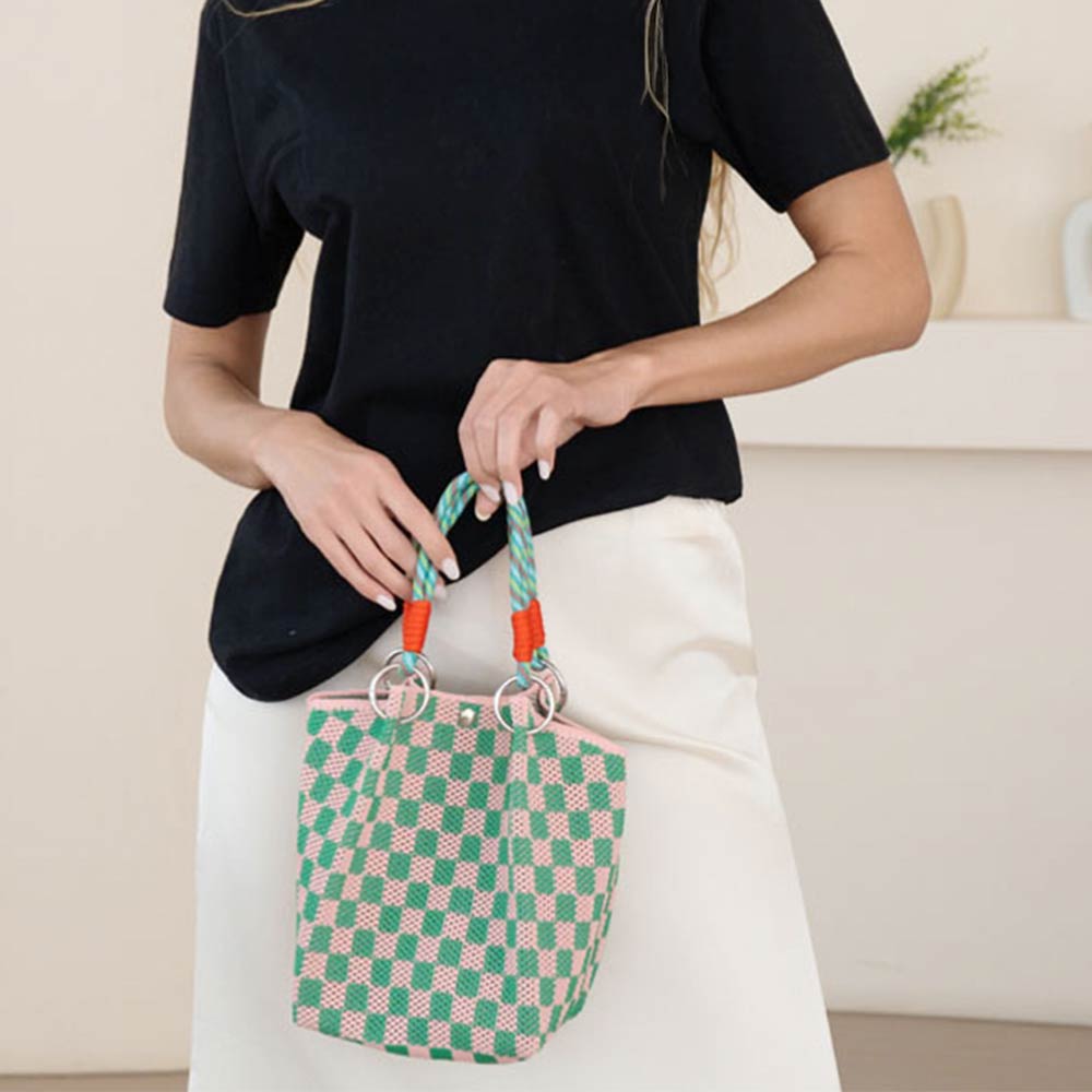 Pattern Woven Fabric Mini Bucket Handbag