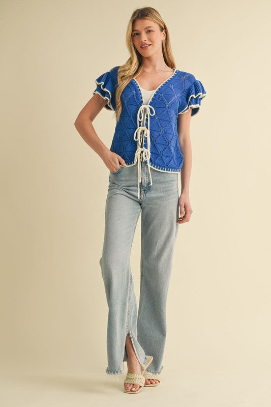 Tie Front Flutter Sleeve Pointelle Sweater