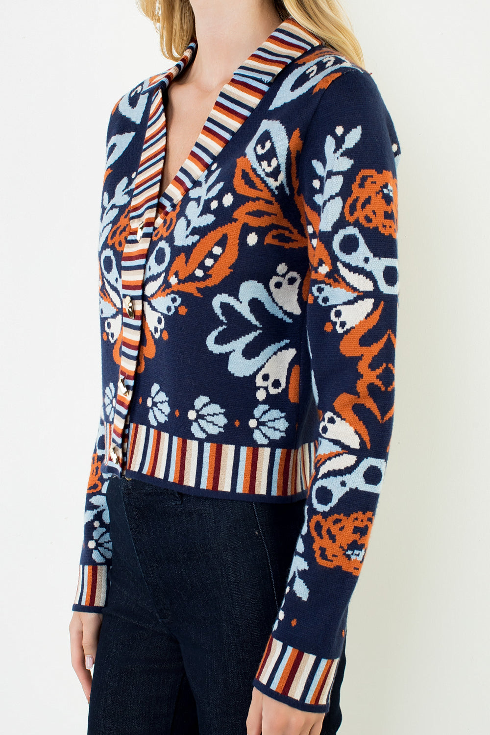 THML Floral V-Neck Cardigan W/ Gold Buttons