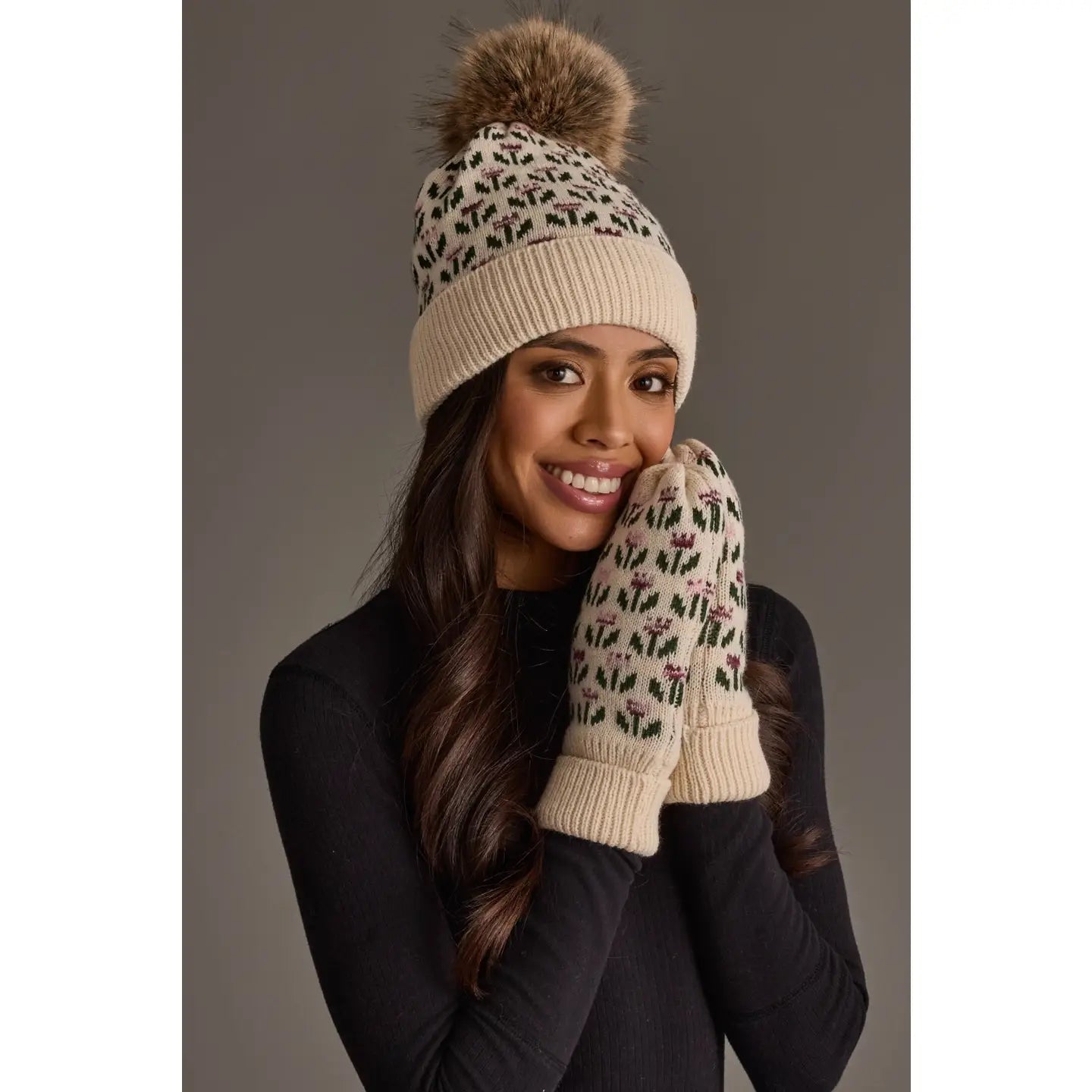 Pinache Cream Floral Pattern Knit Mittens