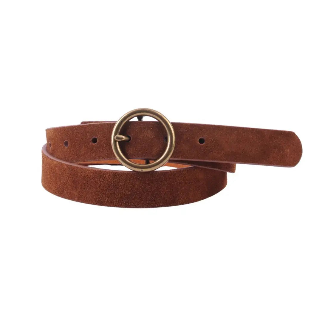 Brass Toned Circle Buckle Leather Belt