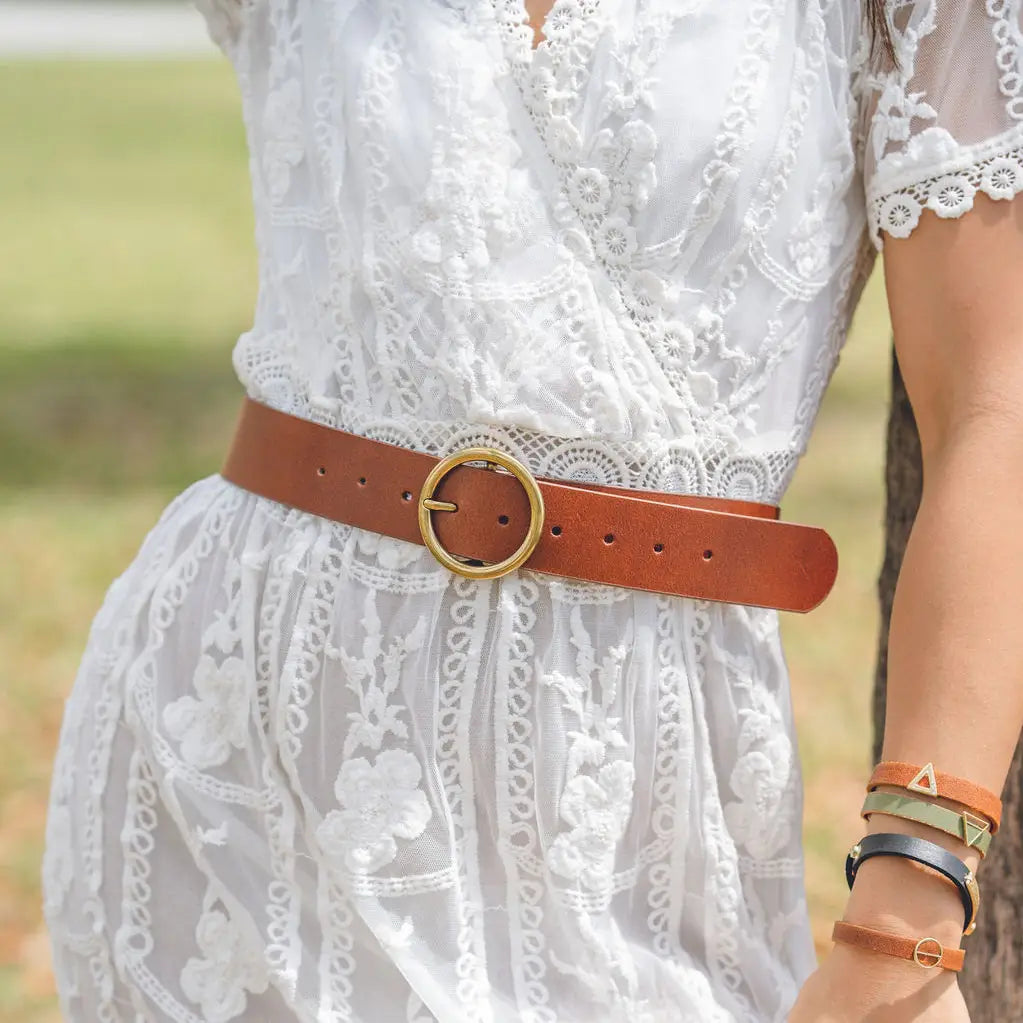 Brass Toned Circle Buckle Wide Leather Belt