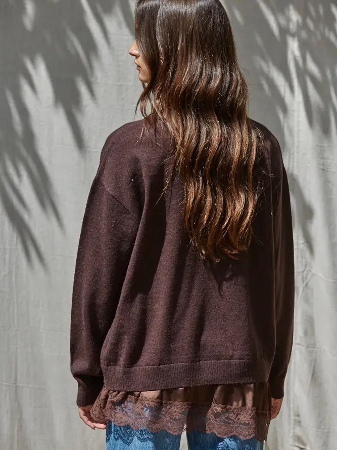 Knit Twofer Sweater W/ Asymmetrical Lace Hem