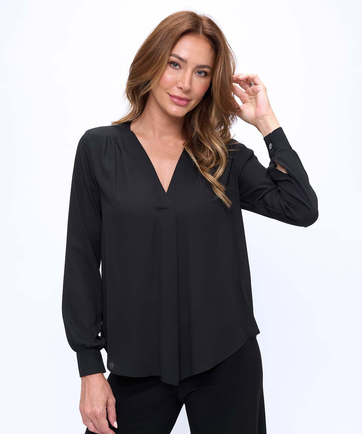 Long Sleeve V-Neck Top W/ Front Pleat
