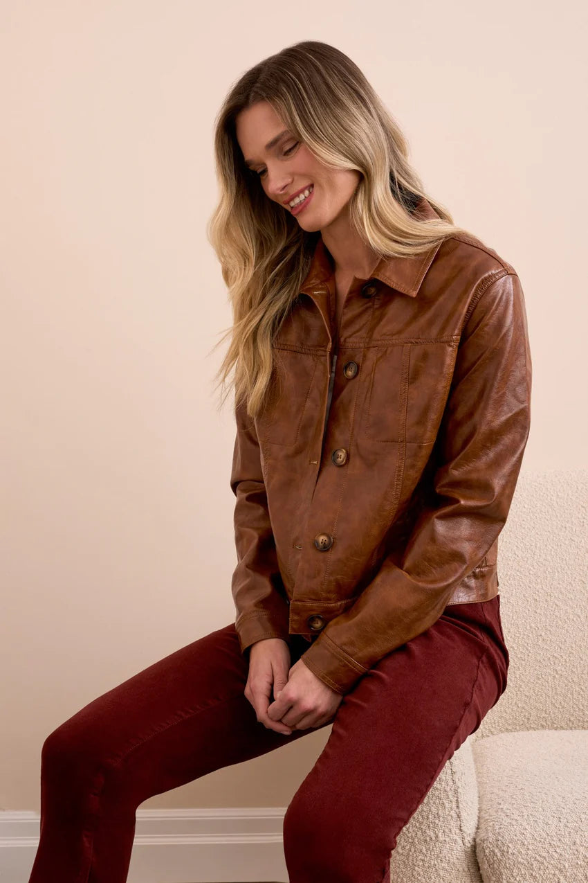 Tribal Faux Leather Button Front Jacket