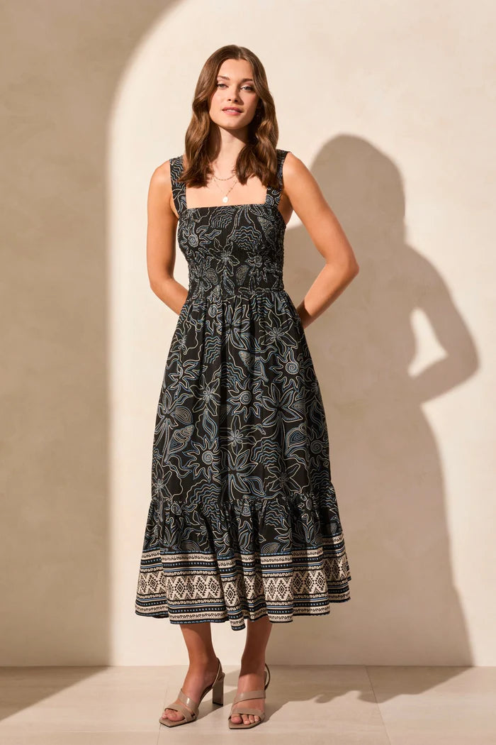 Tribal Floral Ruched Midi Dress