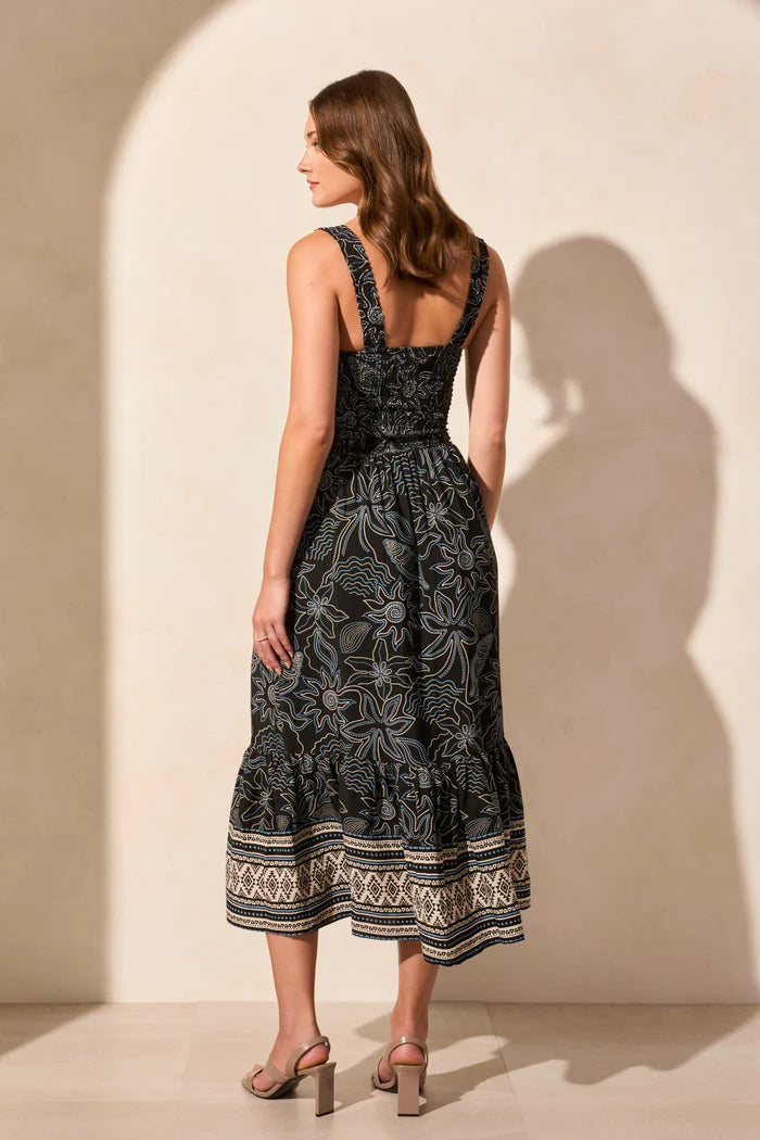 Tribal Floral Ruched Midi Dress