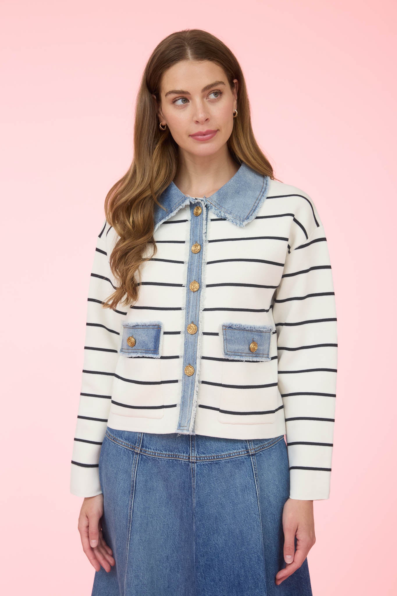 Striped jacket with denim trim