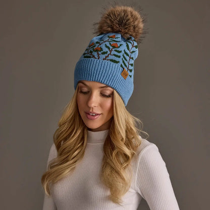 Pinache Blue Floral Pattern Knit Pom Hat