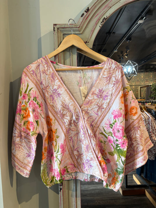 Border Print Kimono Wrap Top