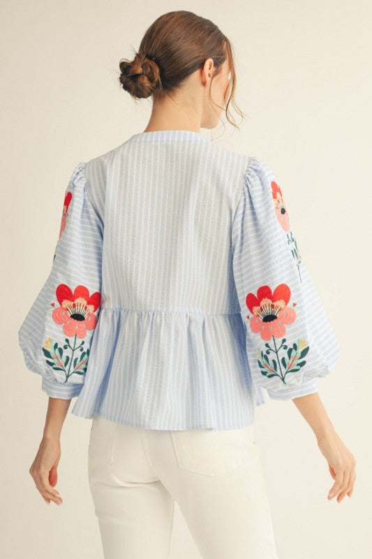 Embroidered Stripe Peplum Top