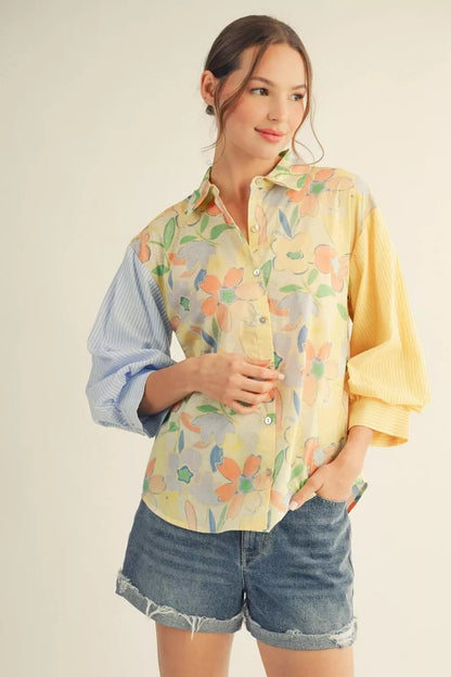 Floral/ Stripe 3/4 Puff Sleeve Button Down