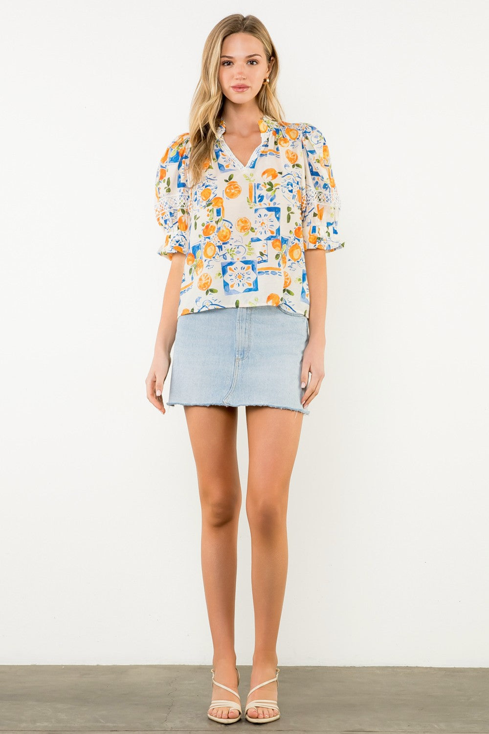 THML Lace Trim Puff Sleeve V-Neck Top