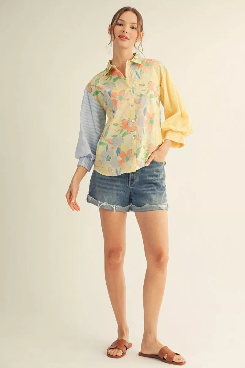 Floral/ Stripe 3/4 Puff Sleeve Button Down
