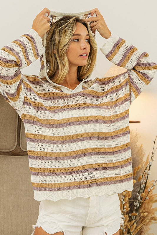 Striped Lightweight Sweater w/ Hood