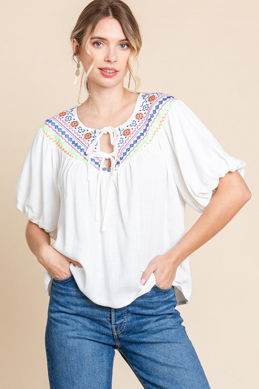 Solid Linen Embroidered Yoke Top