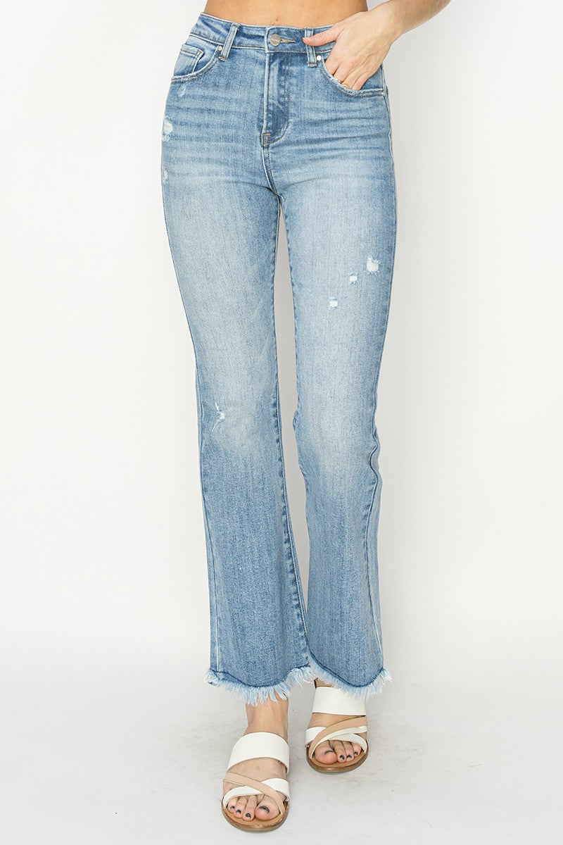 Risen High Rise Vintage Frayed Hem Bootcut Jeans