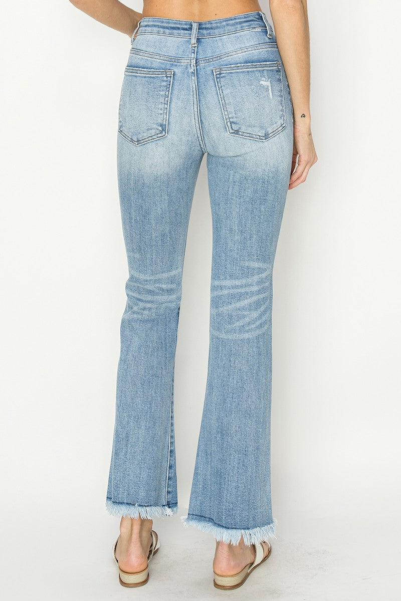 Risen High Rise Vintage Frayed Hem Bootcut Jeans