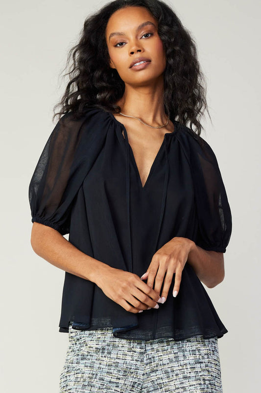 Sheer Sleeve Split Neck Blouse