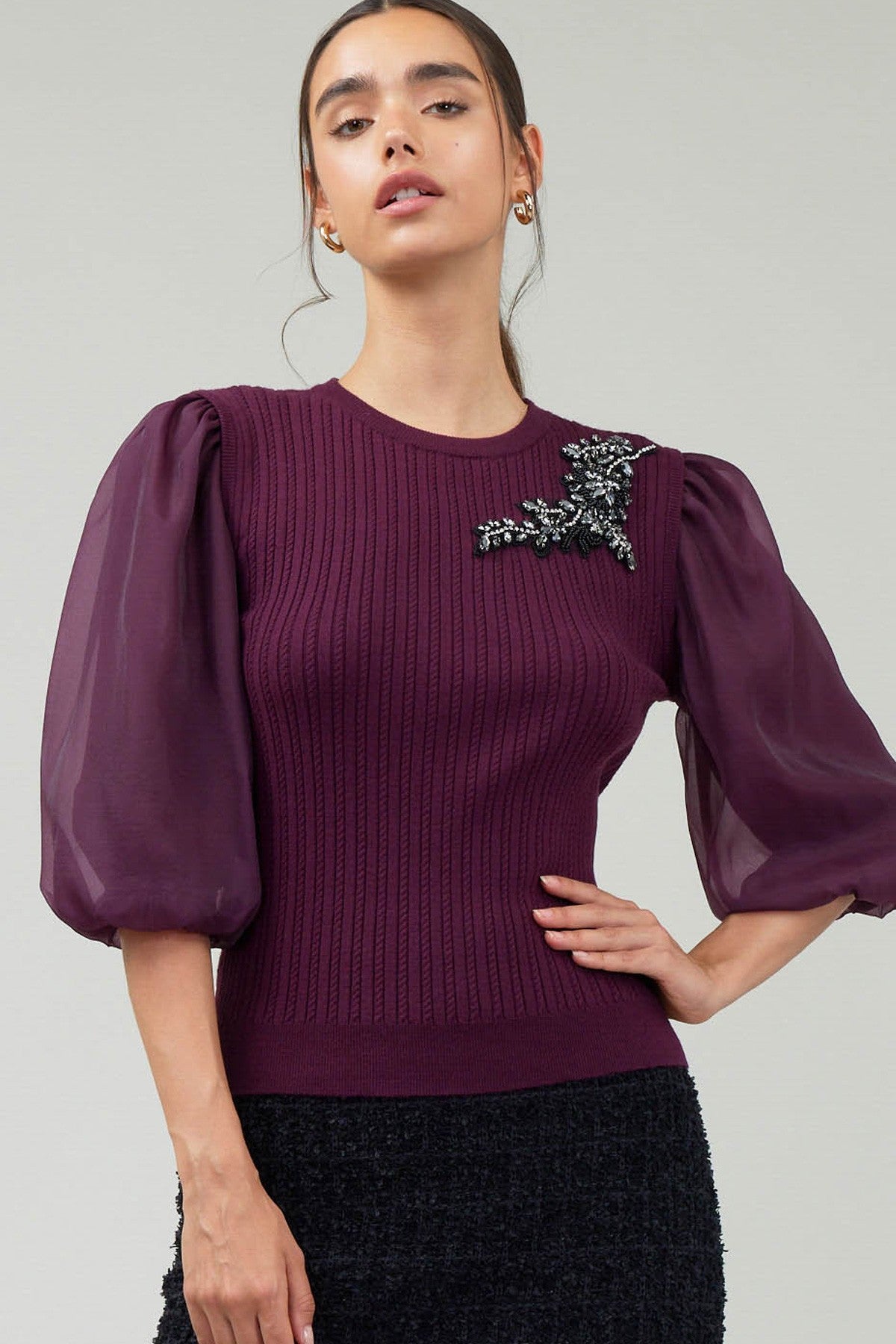 Applique Detail Organza Sleeve Sweater