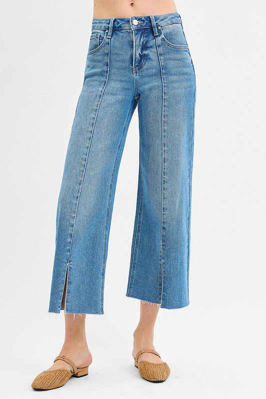 Risen Tummy Control Mid Rise Crop Wide Leg Front Slit Jean