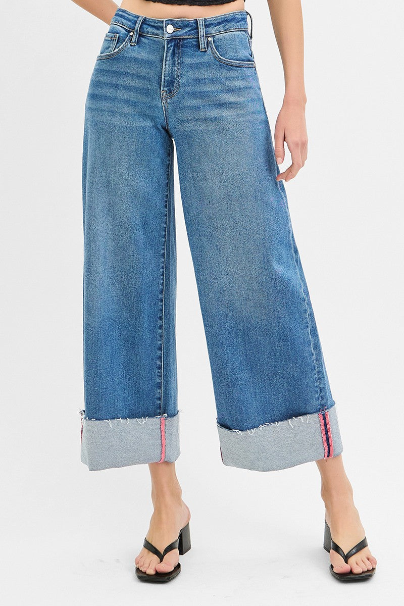 Risen Mid Rise Crop Wide Leg Cuff Jean