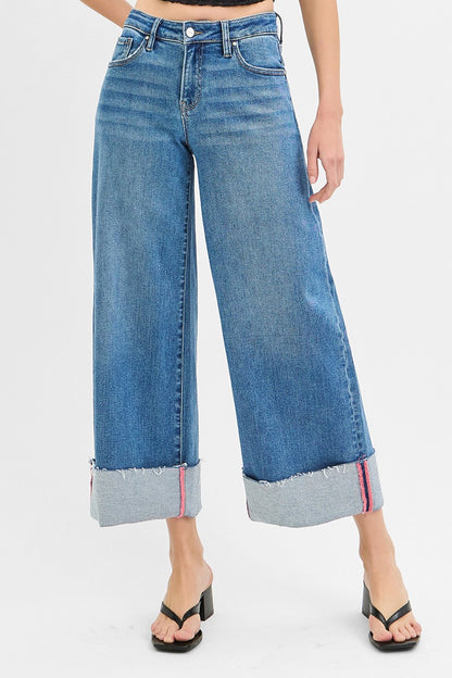 Risen Mid Rise Crop Wide Leg Cuff Jean