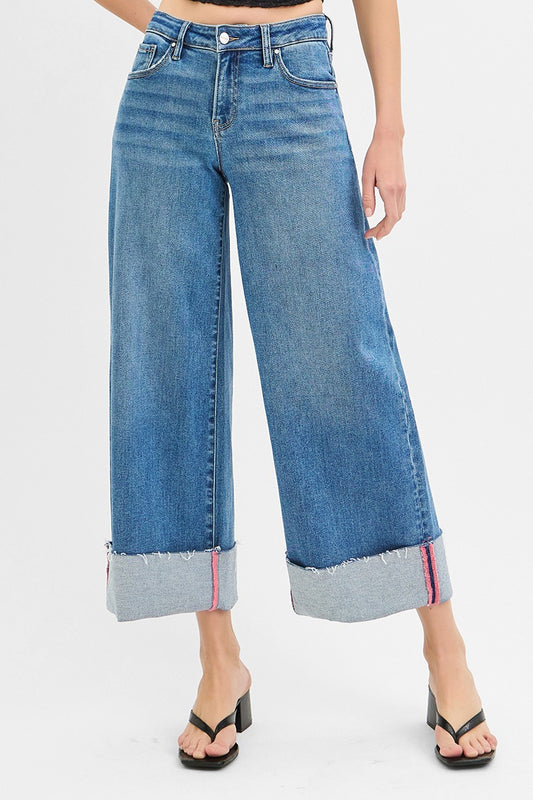 Risen Mid Rise Crop Wide Leg Cuff Jean