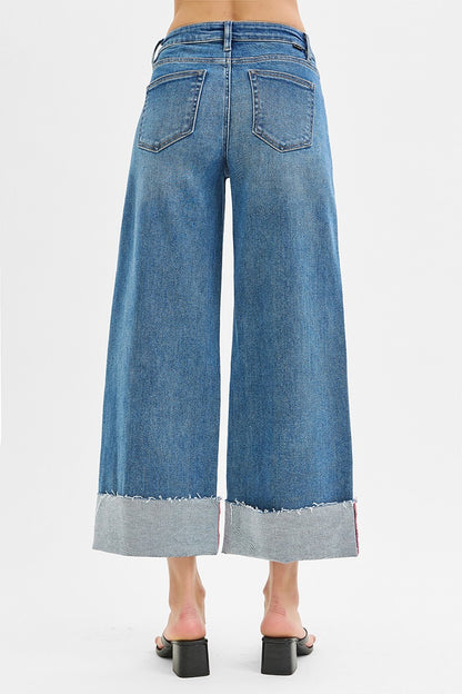 Risen Mid Rise Crop Wide Leg Cuff Jean